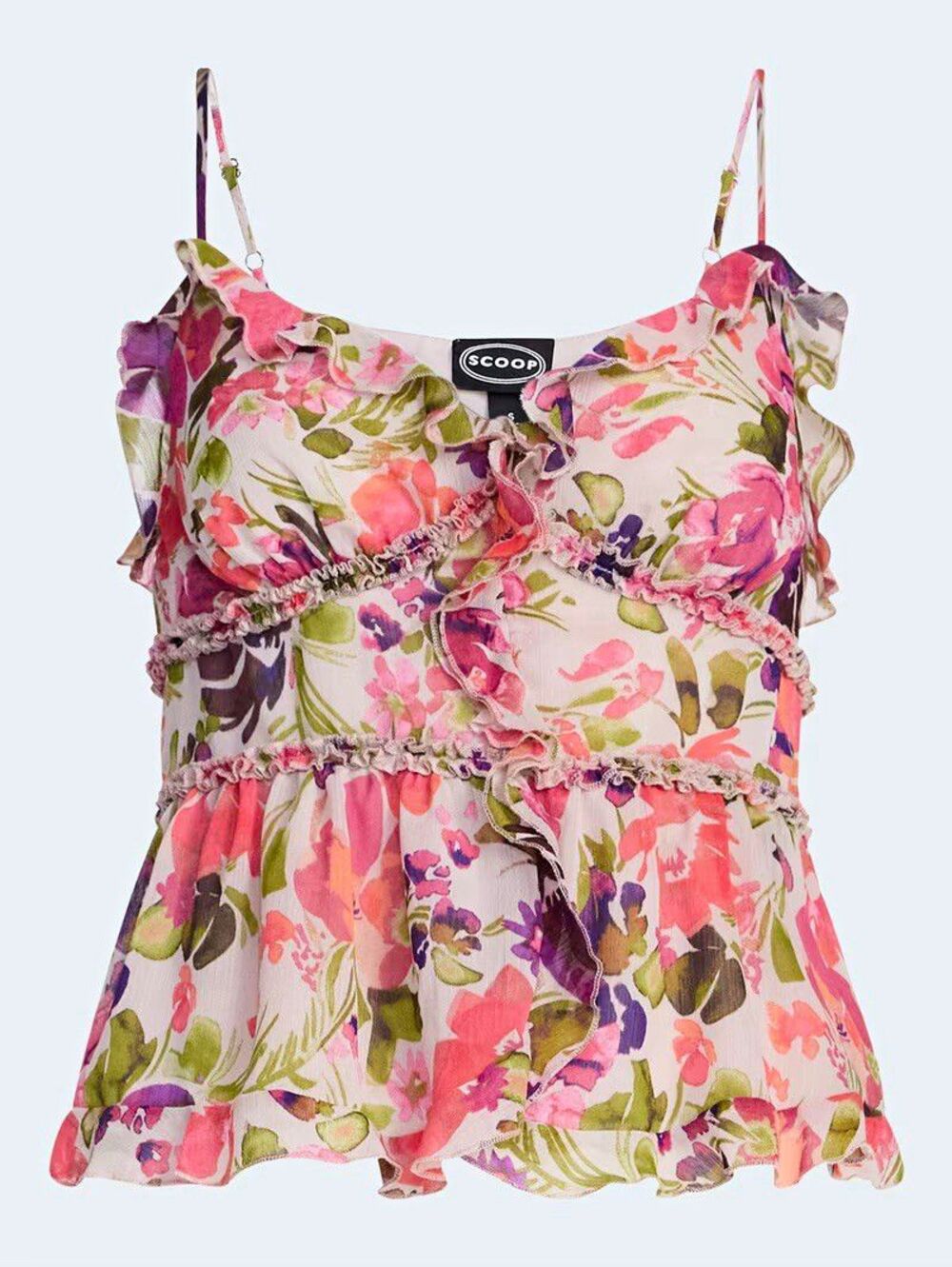 Scoop Floral Chiffon Ruffle V-Neck Spaghetti Strap Camisole Tank Top Size L